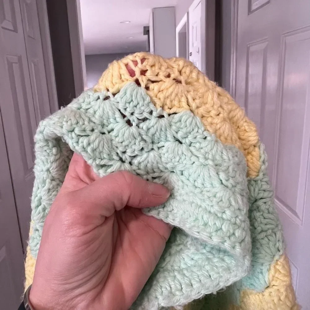Vintage Handmade Mint Green & Yellow stripe afghan lap‎ blanket throw camp